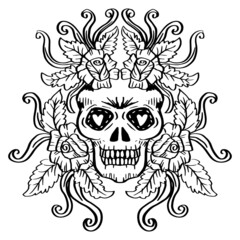 Hand drawn a human skulls with roses 