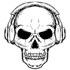 Hand drawn  skull human with headphone