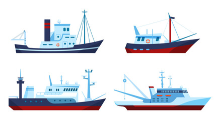 Fishing boats. Vessels with equipment for catching fish and transportation. Vehicles for water trip with ropes ant net. Cartoon commercial ships for seafood industry isolated vector set