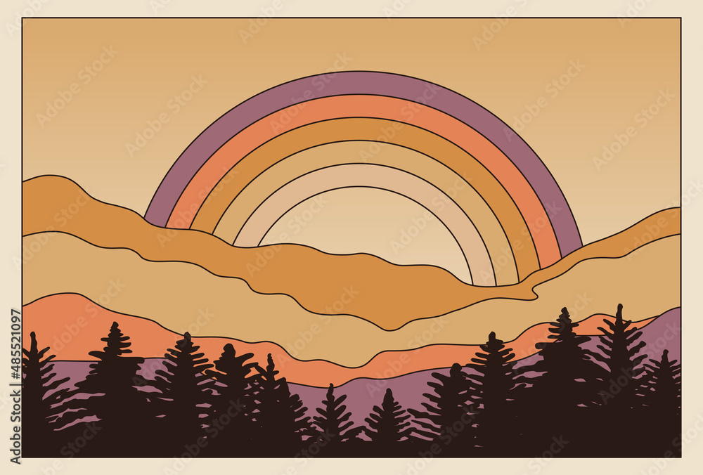 Aufkleber Vector illustration in simple line style - boho abstract print - simple natural landscape with mountains and hills