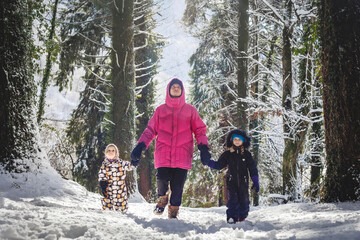 Father with daughters walking in snowy forest on sunny day