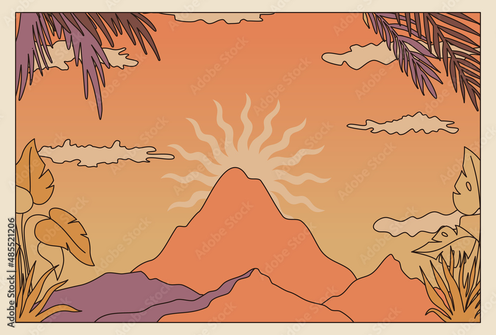Poster Vector illustration in simple line style - boho abstract print - simple natural landscape with mountains and hills