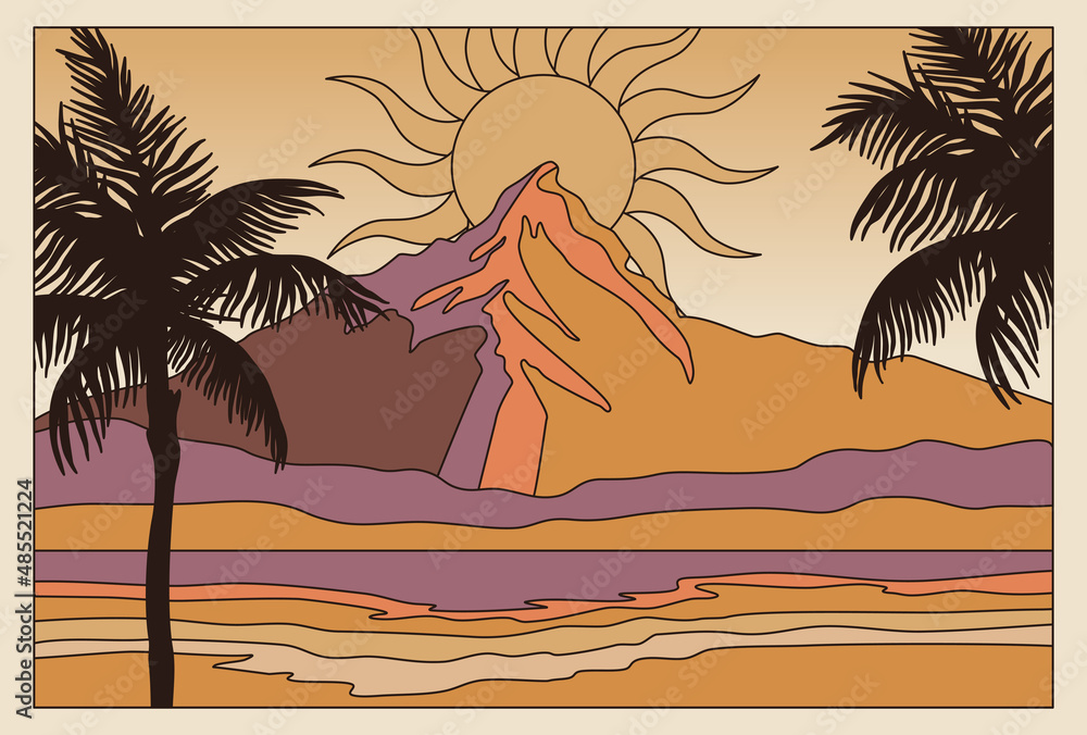 Aufkleber Vector illustration in simple line style - boho abstract print - simple natural landscape with mountains and hills