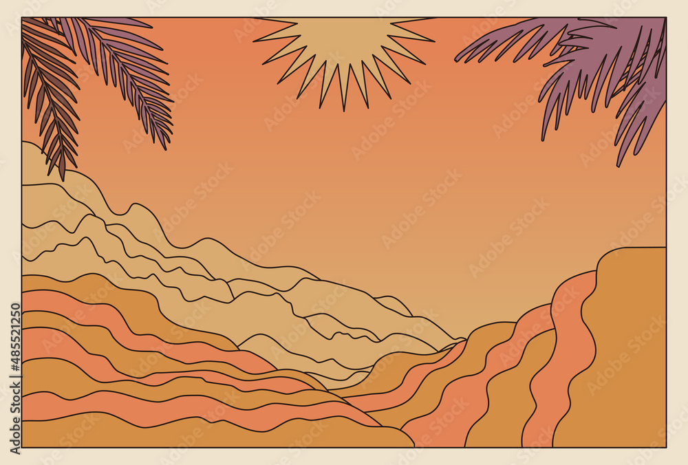 Poster Vector illustration in simple line style - boho abstract print - simple natural landscape with mountains and hills