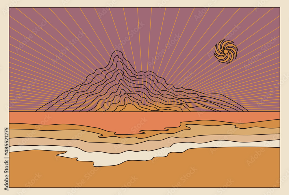 Aufkleber Vector illustration in simple line style - boho abstract print - simple natural landscape with mountains and hills