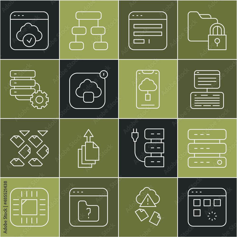 Poster set line loading data window, server, data, web hosting, browser, cloud technology transfer, and gea