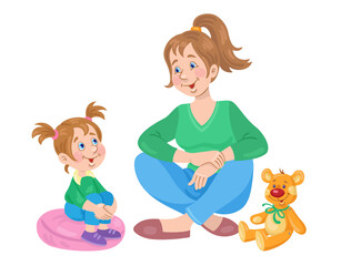 Young mother and cute daughter in similar clothes are sitting and talking.  In cartoon style. Isolated on white background. Vector illustration