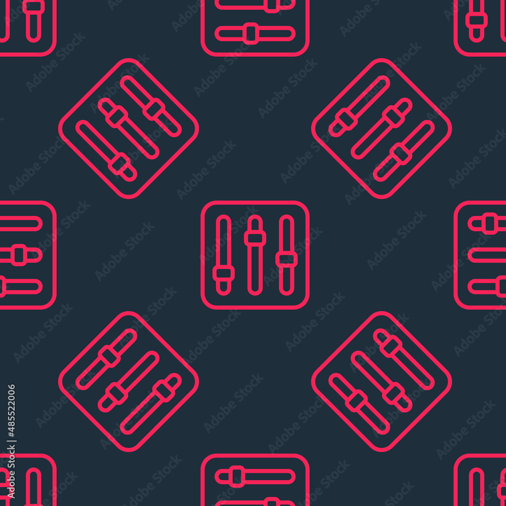 Poster red line sound mixer controller icon isolated seamless pattern on black background. dj equipment sli