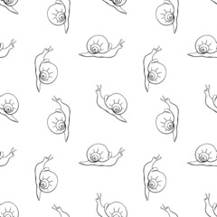 Vector seamless pattern with outline cute snails in style of sketch, doodle with spiral shell, side view, isolated. Nature background and texture