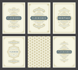 Vintage ornament greeting cards set templates flourish ornate frames and pattern background vector illustration © provectors