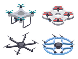 Isometric drone. Unmanned aircrafts with camera for monitoring or video filming. Flying remote quadcopter with propellers. Modern air delivery transport, automatic device isolated vector set