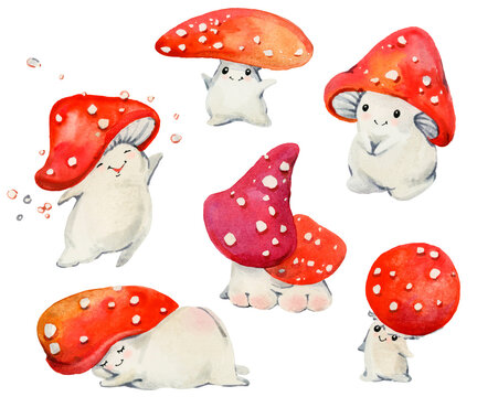 Cute watercolor red mushrooms isolated on white background. fantasy cartoon style magic fly agaric mushroom illustration