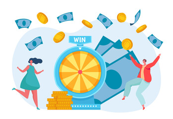 Lottery winner people. Male and female characters spinning wheel and getting prize. Man and woman winning jackpot, risking and getting money. Players successfully rotating machine vector