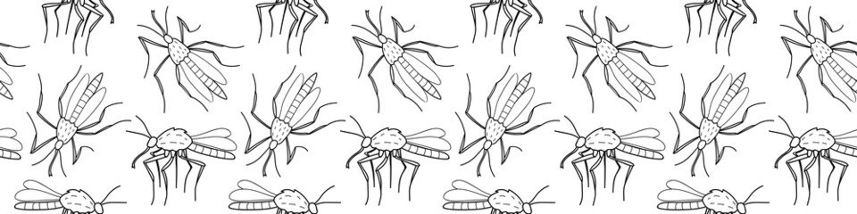 Vector seamless pattern of black outline mosquitos, moths, midges in doodle sketch style. Simple texture with insects, bloodsuckers, pests