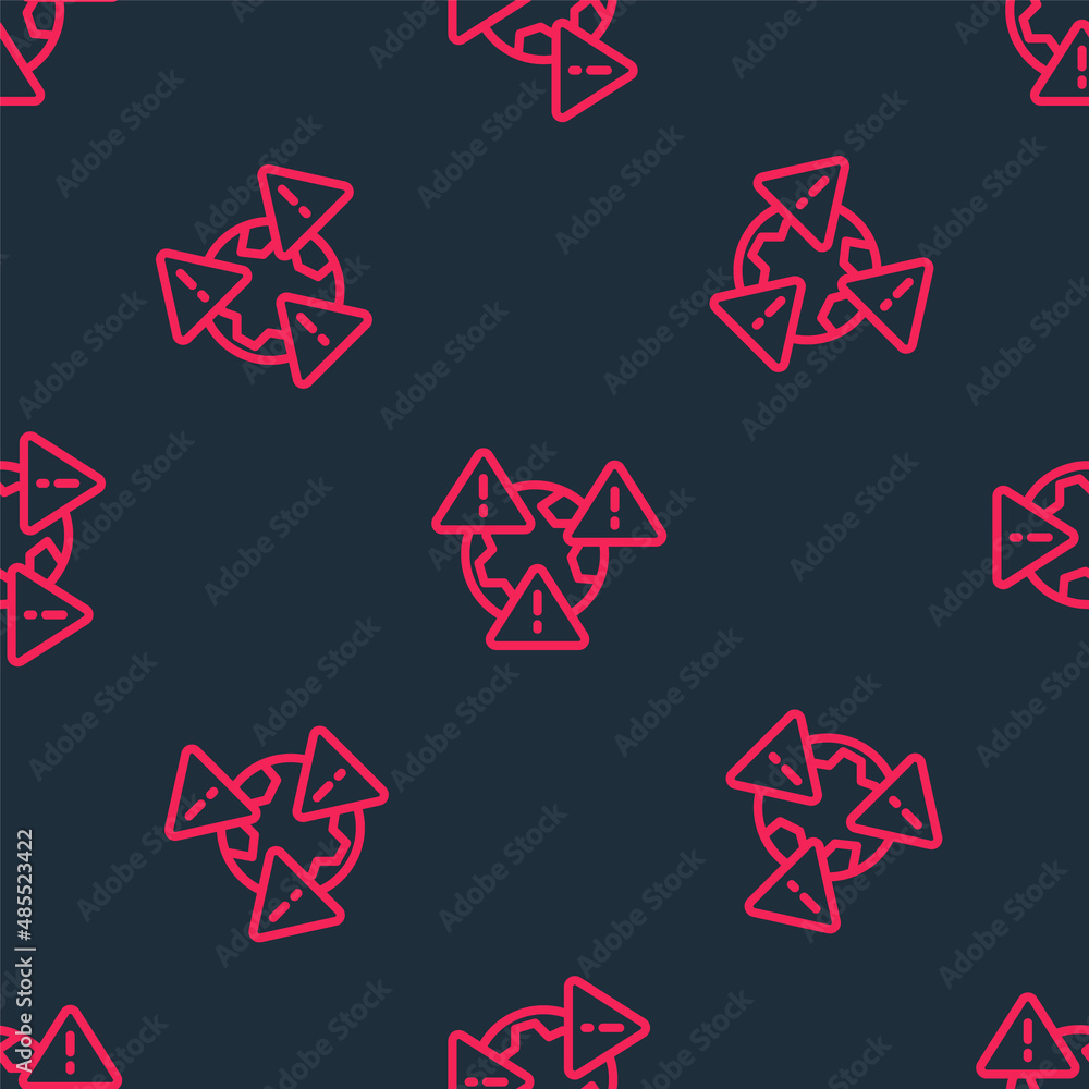 Poster red line planet earth symbol with exclamation mark icon isolated seamless pattern on black backgroun