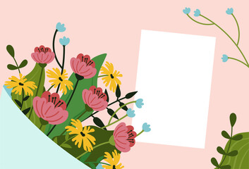 A bouquet of flowers and a blank letter. Background with flowers on the table, top view.