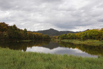 Beautiful blue sky high peak mountains mist fog wildlife green forest at changrai
