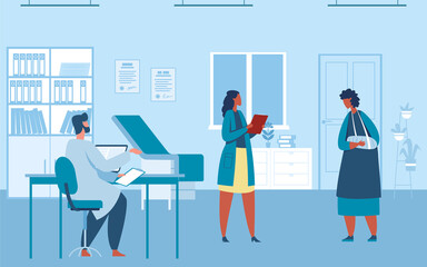 Obraz premium Medical visit. Patient coming to doctor with broken arm. Nurse giving prescription to female character with bandage. Woman having appointment and consultation at hospital vector illustration