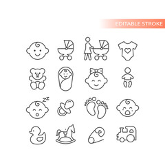 Baby outlined vector icon set. Toy train, teddy bear, cry baby symbols.