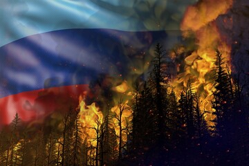Fototapeta na wymiar Forest fire natural disaster concept - burning fire in the woods on Luhansk Peoples Republic flag background - 3D illustration of nature