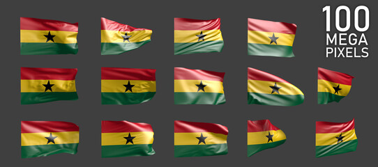 14 different pictures of Ghana flag isolated on grey background - 3D illustration of object