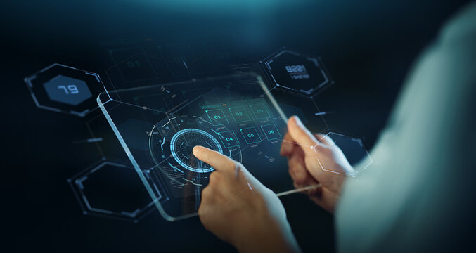 virtual reality, people and technology concept - close up of hands holding transparent tablet pc computer with files hologram