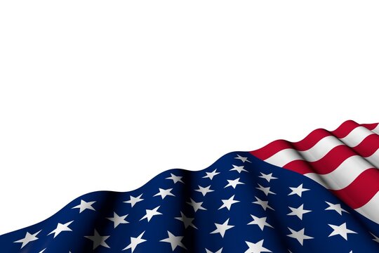 nice glossy flag of USA with big folds lying flat in right bottom corner isolated on white - any holiday flag 3d illustration..