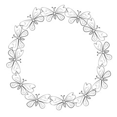 Vector round frame, border from contoured cute butterflys in Doodle style. Simple background, decoration for spring, summer, holiday postcard