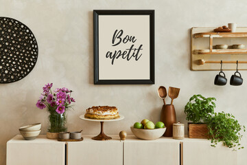 Elegant composition of stylish dining room intrerior with mock up poster frames, beige wooden commode, plants, bake and accessories. Template. .