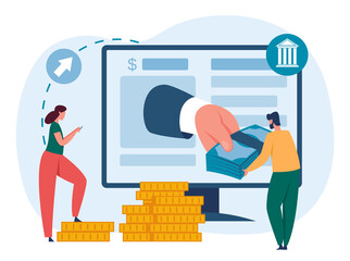 Online banking service concept. Cartoon woman sending money via mobile phone. Hand giving cash banknotes to male character from desktop computer screen. Money virtual transfer vector