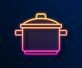 Glowing neon line Cooking pot icon isolated on black background. Boil or stew food symbol. Vector