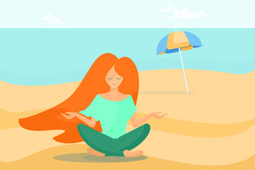 Red haired girl sitting on the sea beach.  Perfect summer holiday