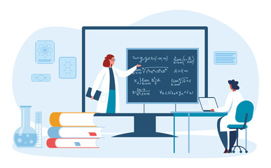 Online education scientists. Teacher conducting seminar for student via desktop computer. Cartoon person writing formulas on blackboard. Medical training at university or college vector