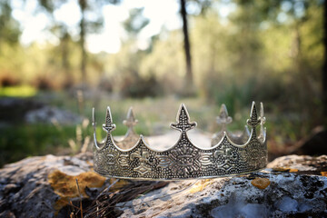 mysterious and magical photo of silver king crown in the woods over stone. Medieval period concept.