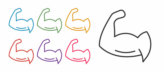 Set line Bodybuilder showing his muscles icon isolated on white background. Fit fitness strength health hobby concept. Set icons colorful. Vector