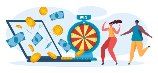 Online lottery game concept. Internet gambling, man and woman winning jackpot. Banknotes and gold coins falling to laptop. Cartoon characters winning money, players spinning wheel vector