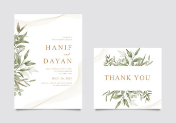 Fototapeta na wymiar Elegant vintage template wedding invitation card with green leaves