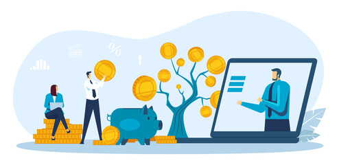Online service bank account. Assistant consulting people from laptop screen. Client saving and investing money. Tree with coins, putting income into piggy bank, woman with device vector