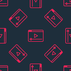 Red line Online play video icon isolated seamless pattern on black background. Film strip with play sign. Vector