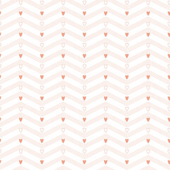 A simple seamless minimalistic pattern with pink hearts and zigzag stripes on a white background. Perfect for Valentine's day packaging and wrapping paper design. Vector illustration