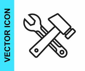 Black line Crossed hammer and wrench spanner icon isolated on white background. Hardware tools. Vector