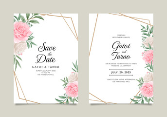 Elegant wedding invitation with gold geometric and watercolor rose red and white