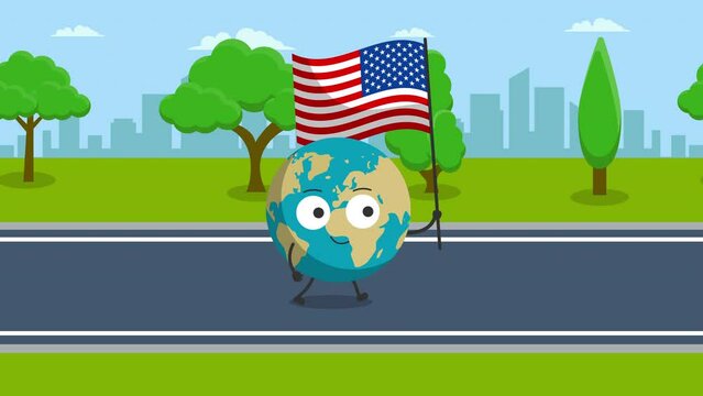 Cute earth Character with usa flag Animation. 4K video motion animation.
