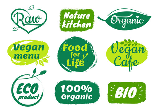 Organic food label. Vegetarian products for retail shop. Vegan menu in cafe or restaurant. Bio farm or ecology market. Green badge for package with eco ingredients isolated vector set