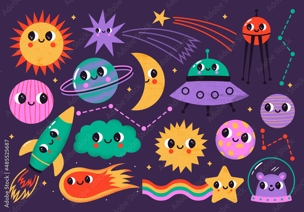 Poster vector set of abstract planets, stars, ufo, rocket and other space elements with cute face expressio