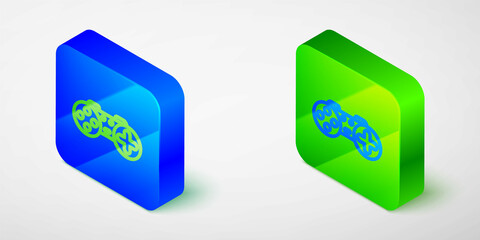 Isometric line Gamepad icon isolated on grey background. Game controller. Blue and green square button. Vector