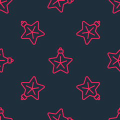 Obraz premium Red line Christmas star icon isolated seamless pattern on black background. Merry Christmas and Happy New Year. Vector