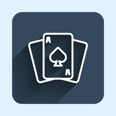 White line Playing cards icon isolated with long shadow background. Casino gambling. Blue square button. Vector