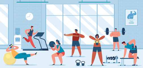 People exercise at fitness gym. Female and male characters training with equipment. Men running on treadmill, doing workout with dumbbells and barbell. Women exercising with ball, squatting vector