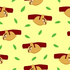 Seamless pattern of sloths hanging on tree branch and green leaves. Yellow background. Cartoon character. Cute and funny. Summer and spring. For wallpaper, textile, scrapbooking and wrapping paper